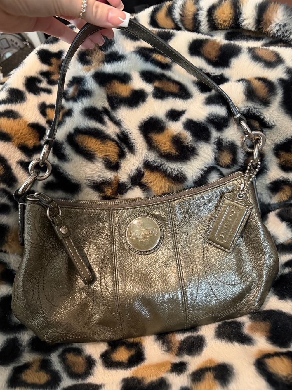 Coach Metallic Olive Green Leather Shoulder Bag